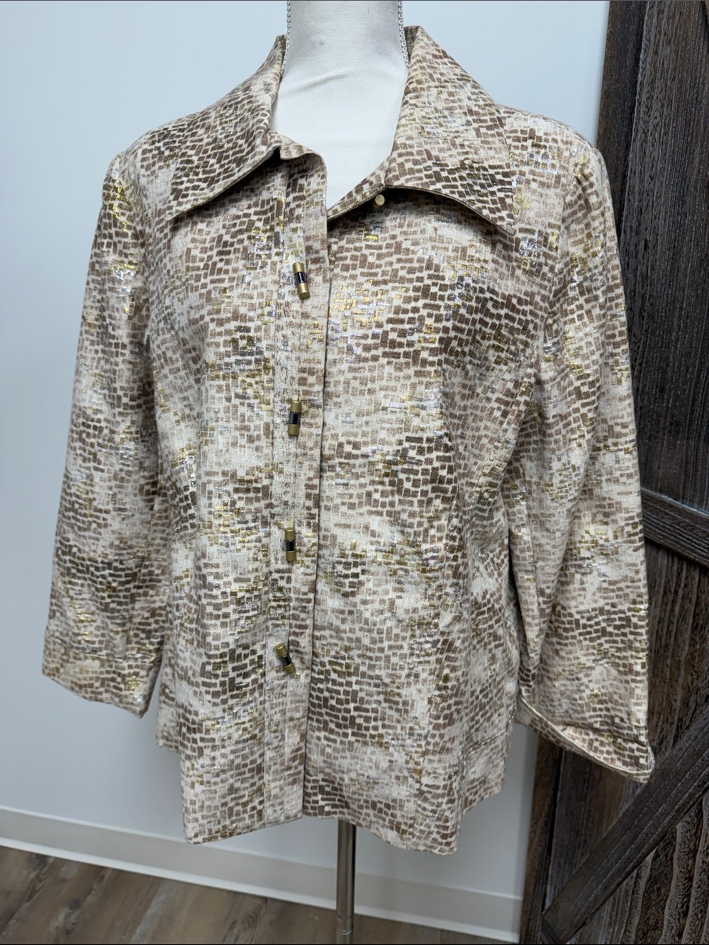 Chico's Beige and Gold Mosaic-Print Button Jacket